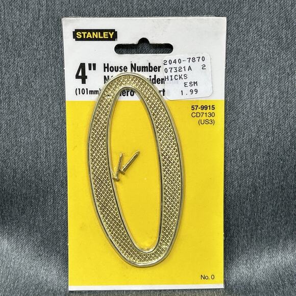 Vintage Stanley House Number ZERO 0 Brass Finish 4" Metal NOS Packaged Taiwan - Picture 1 of 8